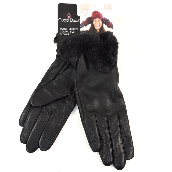 CUDDL DUDS ⚜ SOFT BLACK LEAHER & FUR TRIM COMFORT WINTER GLOVES - Picture 1 of 2